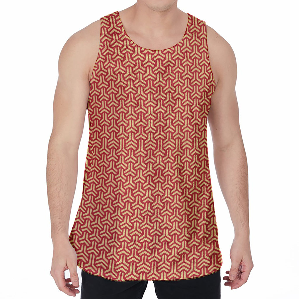 Beige And Red Japanese Pattern Print Men's Velvet Tank Top