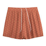 Beige And Red Japanese Pattern Print Mesh Shorts