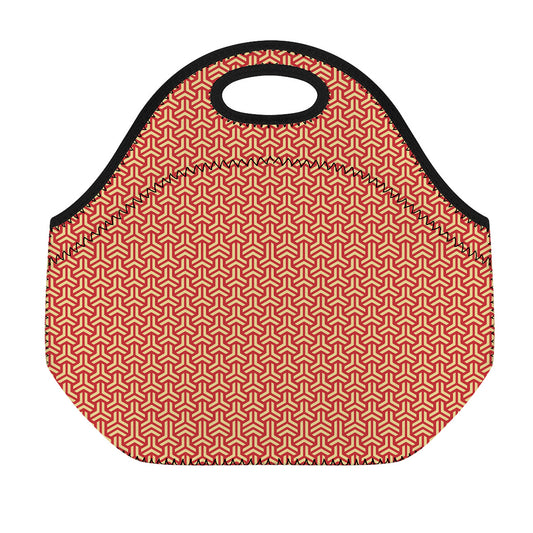 Beige And Red Japanese Pattern Print Neoprene Lunch Bag