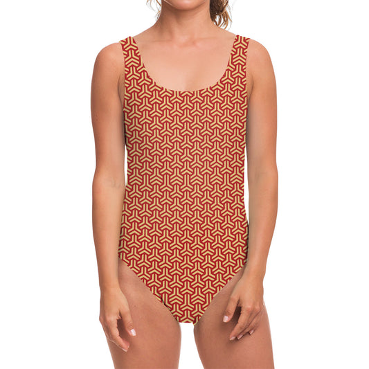 Beige And Red Japanese Pattern Print One Piece Swimsuit