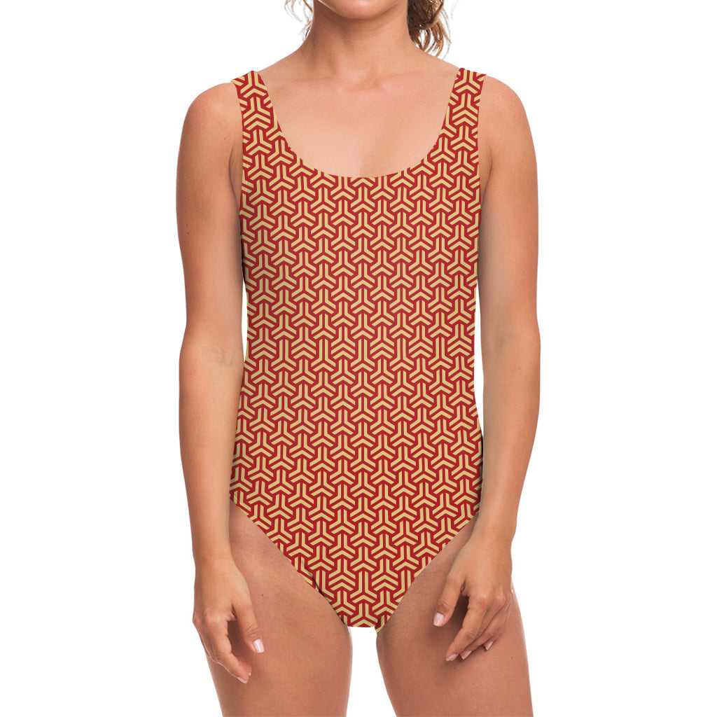 Beige And Red Japanese Pattern Print One Piece Swimsuit