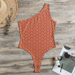 Beige And Red Japanese Pattern Print One Shoulder Bodysuit