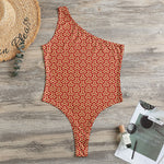 Beige And Red Japanese Pattern Print One Shoulder Bodysuit