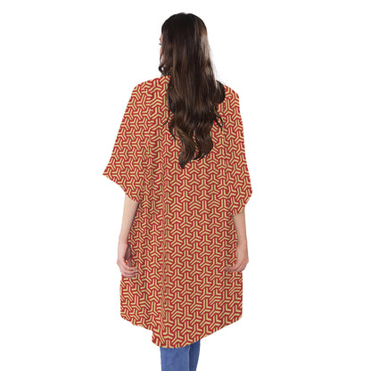 Beige And Red Japanese Pattern Print Open Front Beach Cover Up