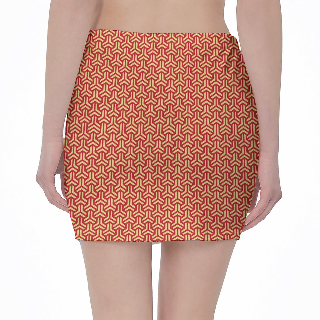 Beige And Red Japanese Pattern Print Pencil Mini Skirt