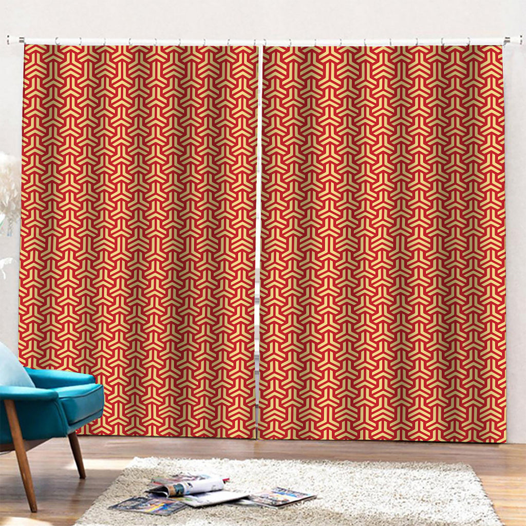 Beige And Red Japanese Pattern Print Pencil Pleat Curtains