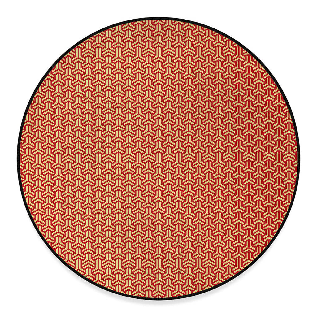 Beige And Red Japanese Pattern Print Round Floor Mat