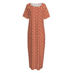 Beige And Red Japanese Pattern Print Short Sleeve Long Nightdress