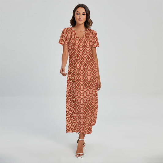Beige And Red Japanese Pattern Print Short Sleeve Maxi Dress