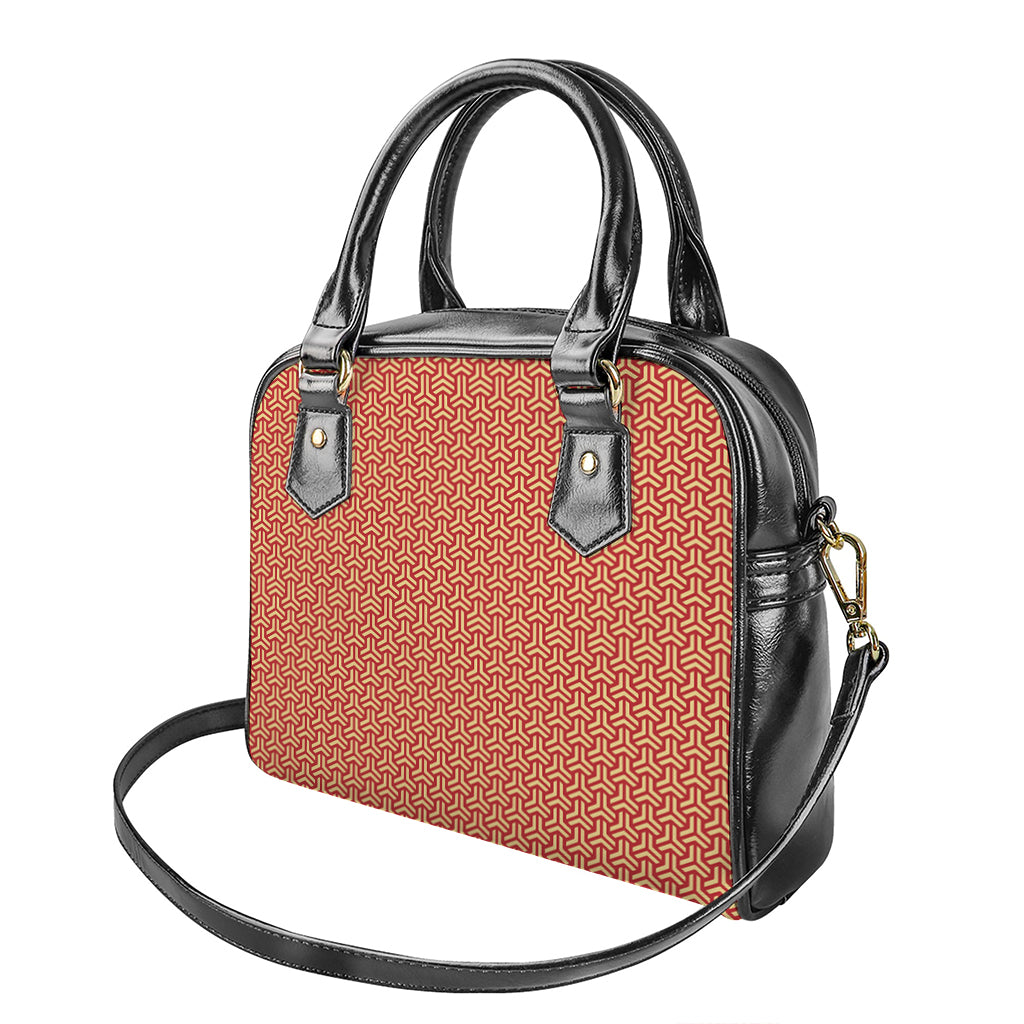 Beige And Red Japanese Pattern Print Shoulder Handbag