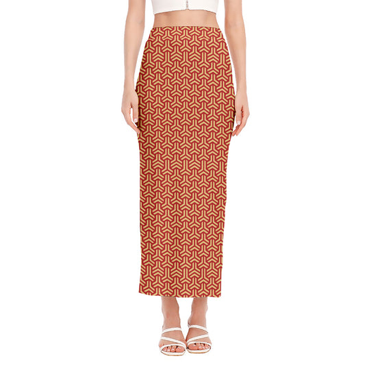 Beige And Red Japanese Pattern Print Side Slit Maxi Skirt