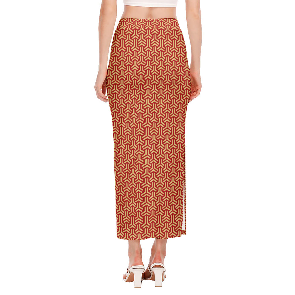 Beige And Red Japanese Pattern Print Side Slit Maxi Skirt
