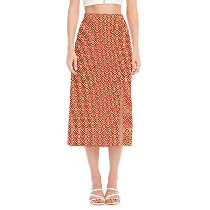 Beige And Red Japanese Pattern Print Side Slit Midi Skirt