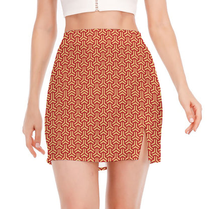Beige And Red Japanese Pattern Print Side Slit Mini Skirt