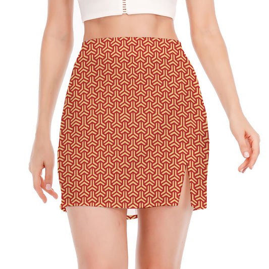 Beige And Red Japanese Pattern Print Side Slit Mini Skirt