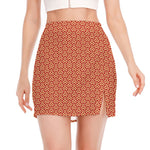 Beige And Red Japanese Pattern Print Side Slit Mini Skirt