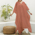 Beige And Red Japanese Pattern Print Silk V-Neck Kaftan Dress