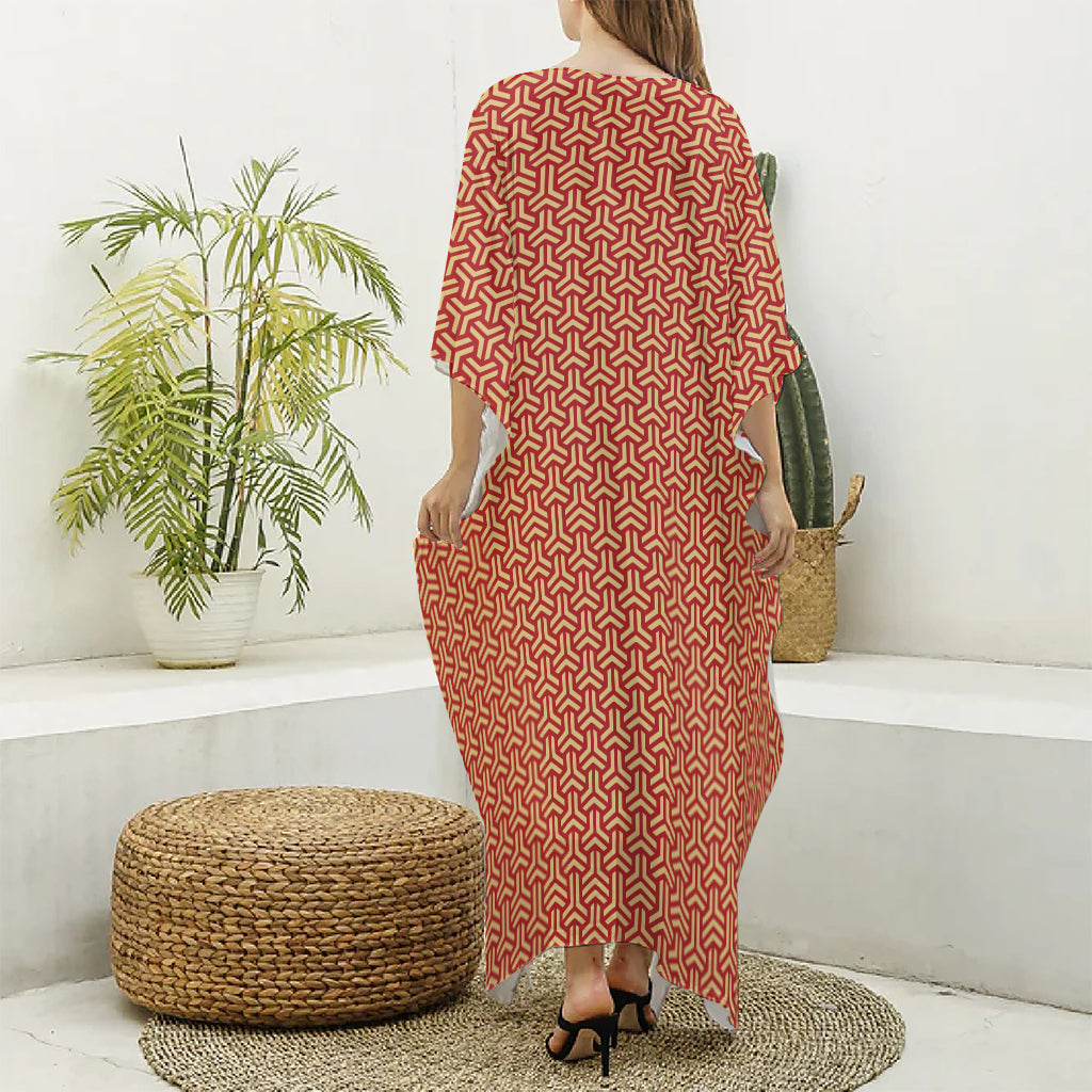 Beige And Red Japanese Pattern Print Silk V-Neck Kaftan Dress