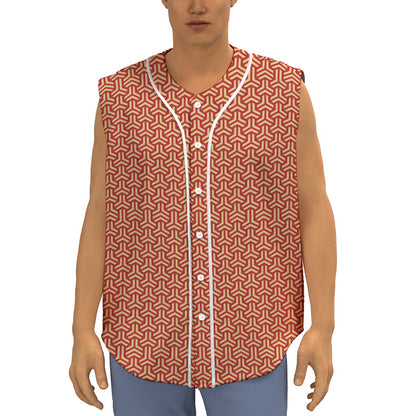 Beige And Red Japanese Pattern Print Sleeveless Baseball Jersey