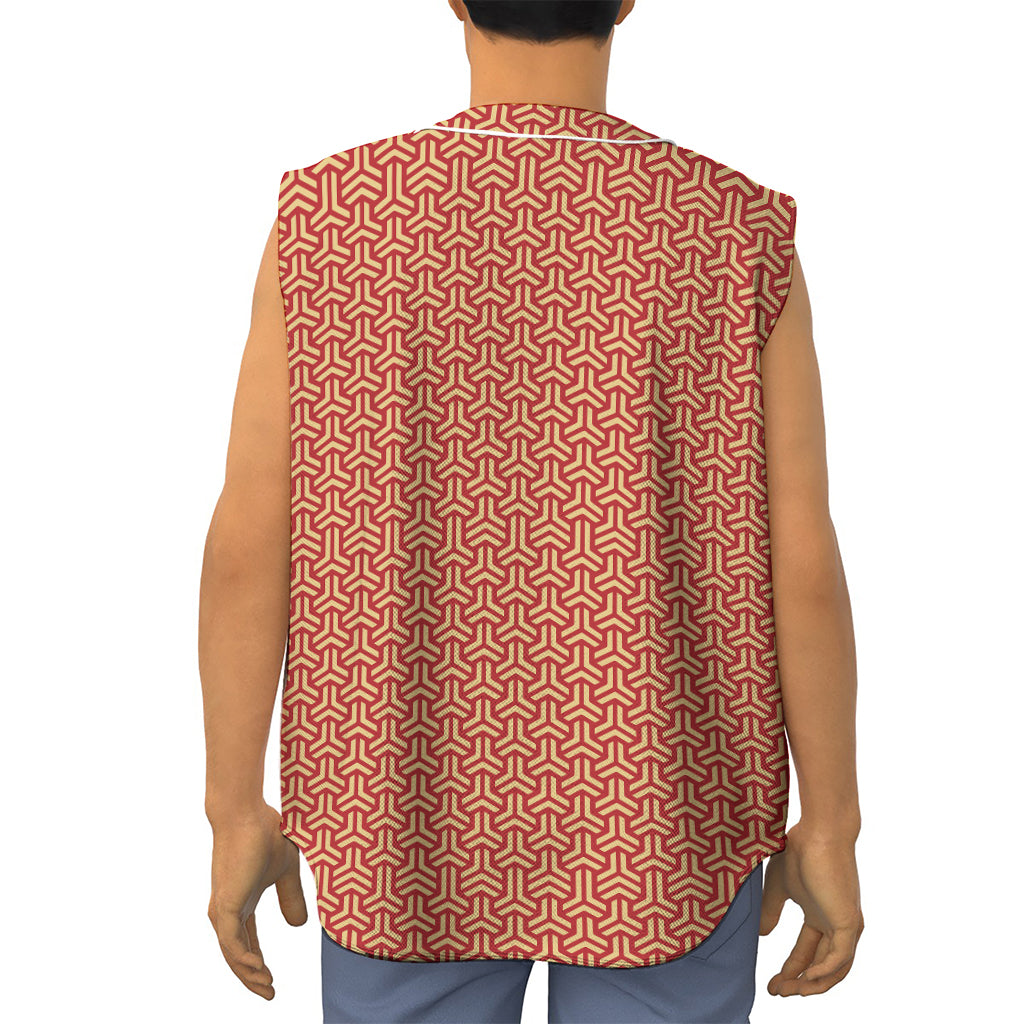 Beige And Red Japanese Pattern Print Sleeveless Baseball Jersey