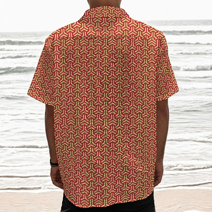 Beige And Red Japanese Pattern Print Textured Short Sleeve Shirt