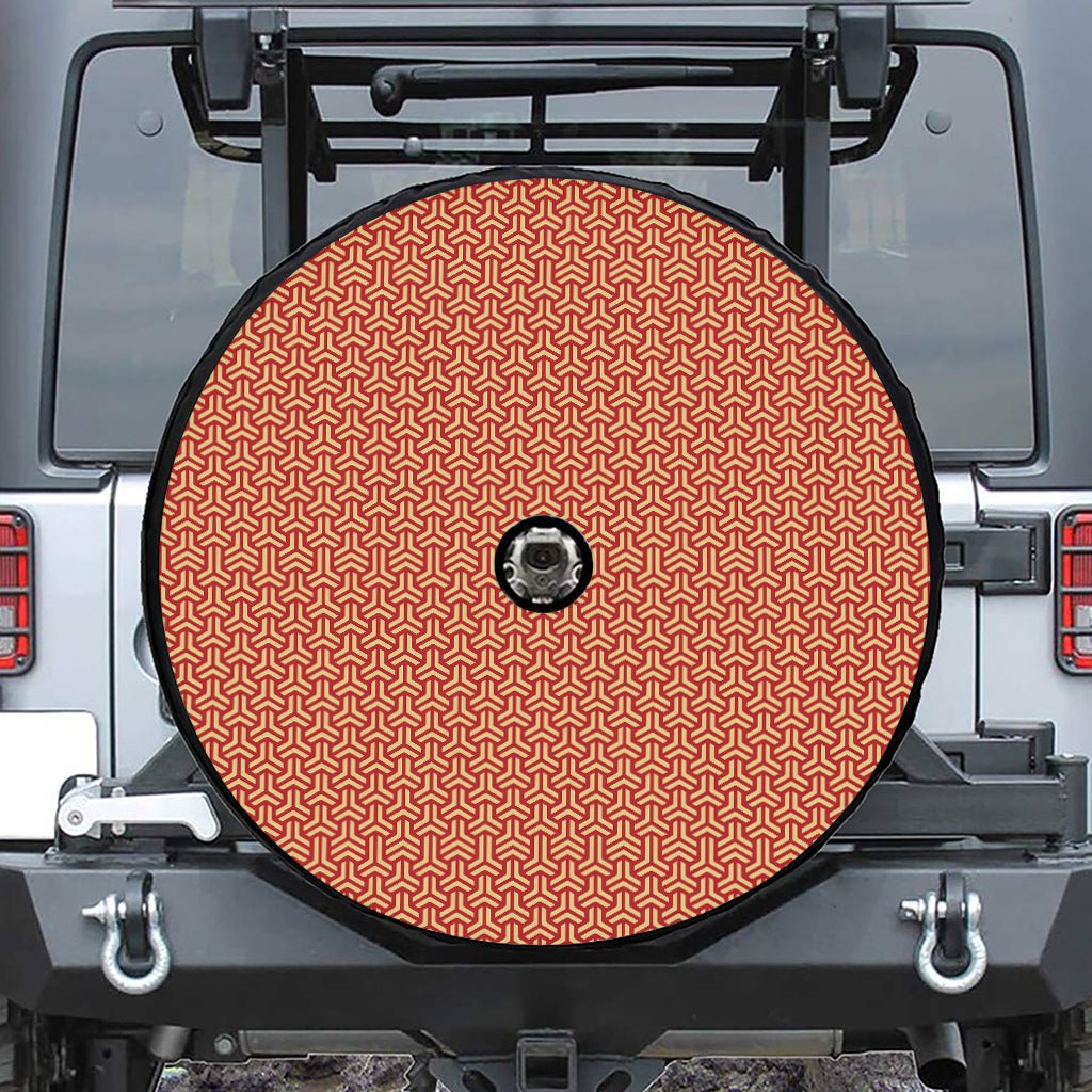 Beige And Red Japanese Pattern Print Tire Cover With Camera Hole