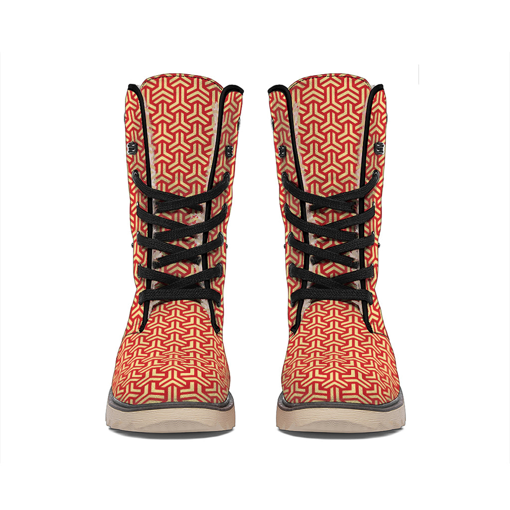 Beige And Red Japanese Pattern Print Winter Boots