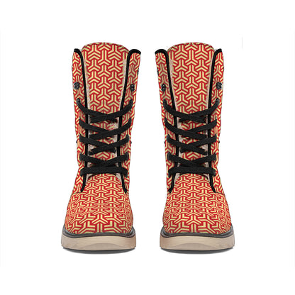 Beige And Red Japanese Pattern Print Winter Boots
