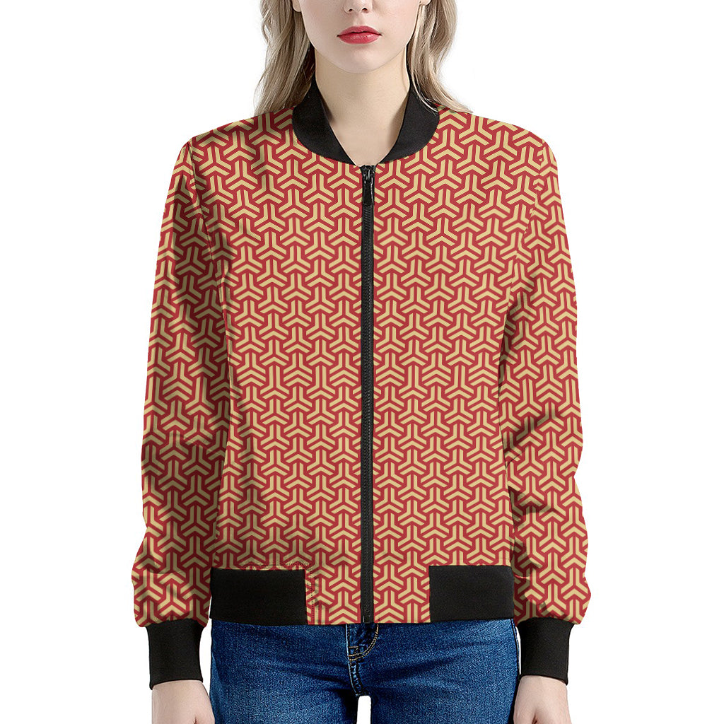 Beige And Red Japanese Pattern Print Women's Bomber Jacket