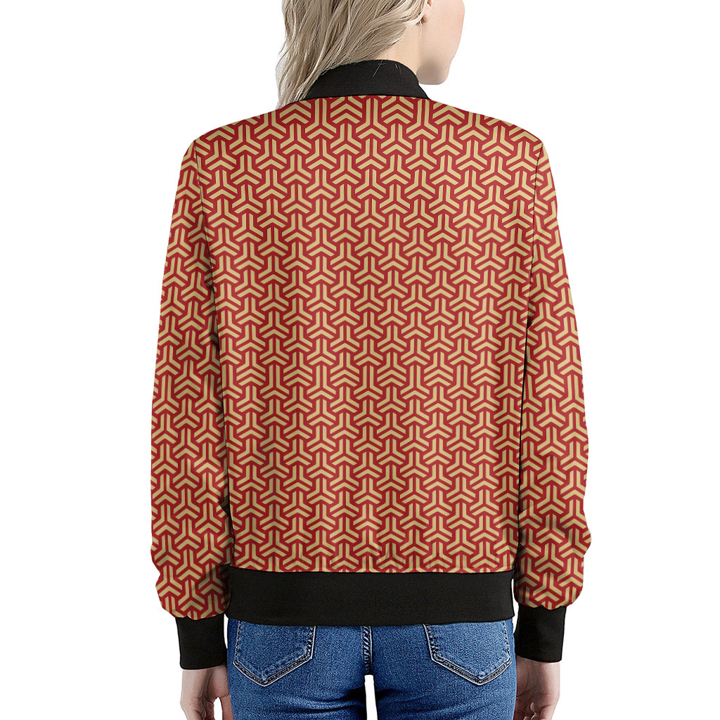 Beige And Red Japanese Pattern Print Women's Bomber Jacket