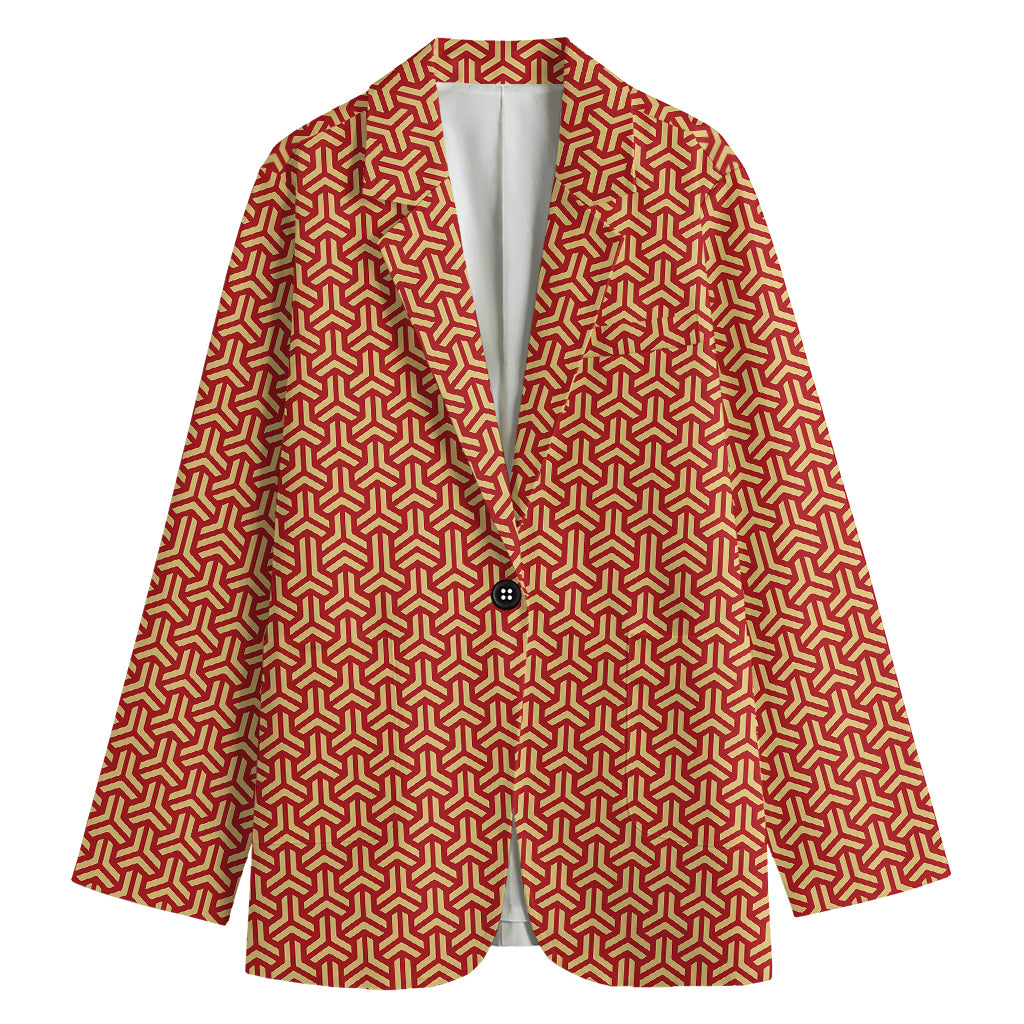Beige And Red Japanese Pattern Print Women's Cotton Blazer