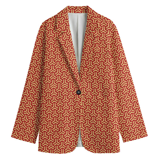 Beige And Red Japanese Pattern Print Women's Cotton Blazer