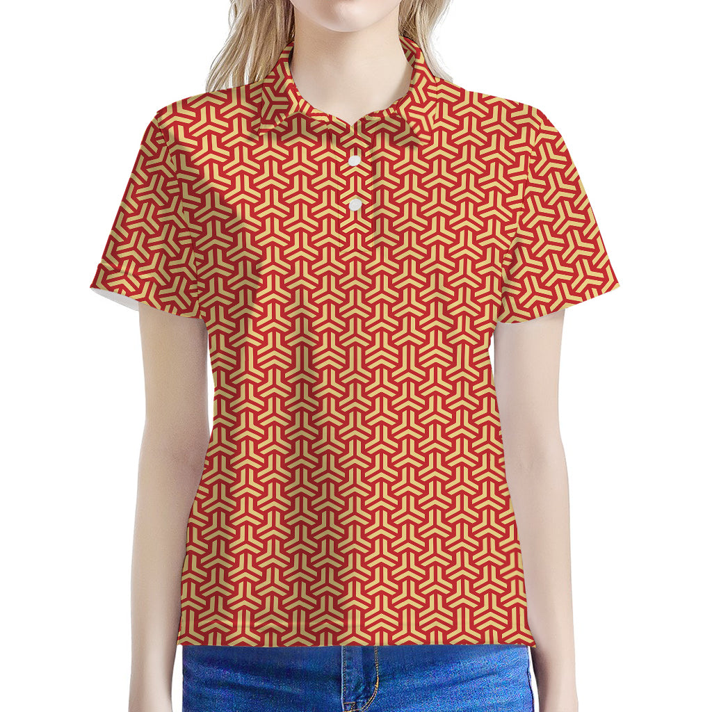 Beige And Red Japanese Pattern Print Women's Polo Shirt