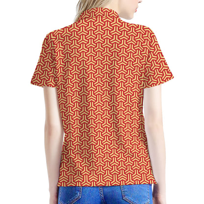 Beige And Red Japanese Pattern Print Women's Polo Shirt