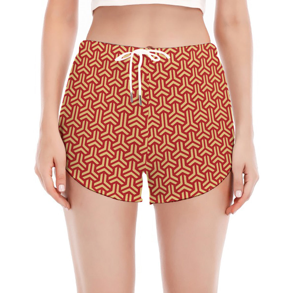Beige And Red Japanese Pattern Print Women's Split Running Shorts