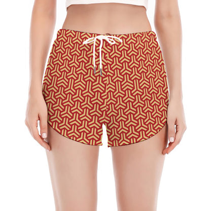 Beige And Red Japanese Pattern Print Women's Split Running Shorts