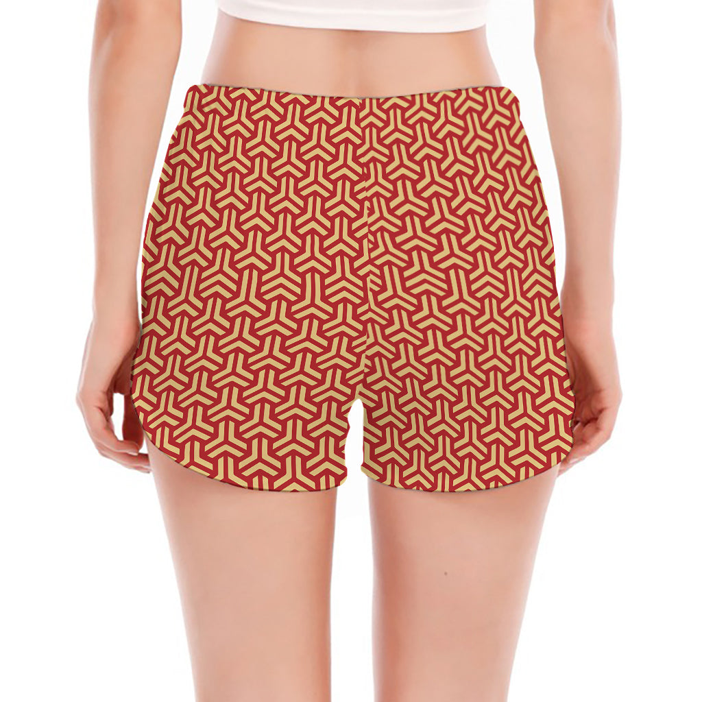 Beige And Red Japanese Pattern Print Women's Split Running Shorts