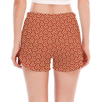 Beige And Red Japanese Pattern Print Women's Split Running Shorts