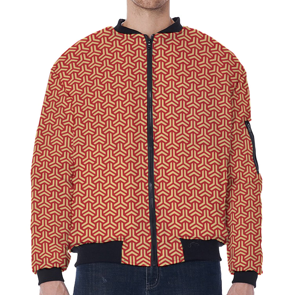 Beige And Red Japanese Pattern Print Zip Sleeve Bomber Jacket