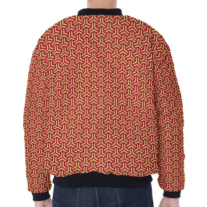 Beige And Red Japanese Pattern Print Zip Sleeve Bomber Jacket