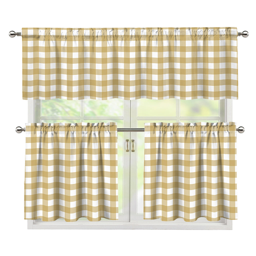 Beige And White Check Pattern Print 3 Piece Kitchen Curtains