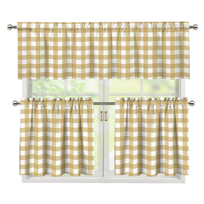 Beige And White Check Pattern Print 3 Piece Kitchen Curtains