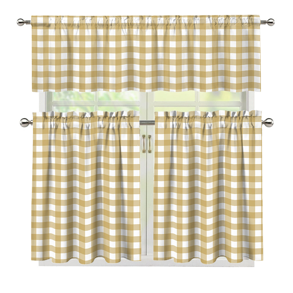 Beige And White Check Pattern Print 3 Piece Kitchen Curtains