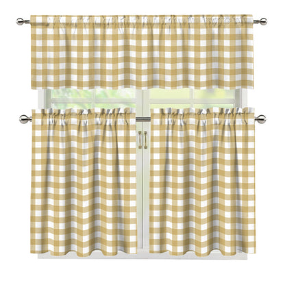 Beige And White Check Pattern Print 3 Piece Kitchen Curtains