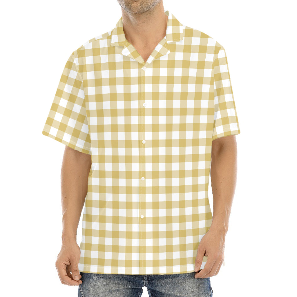 Beige And White Check Pattern Print Aloha Shirt