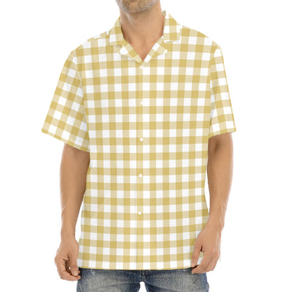 Beige And White Check Pattern Print Aloha Shirt