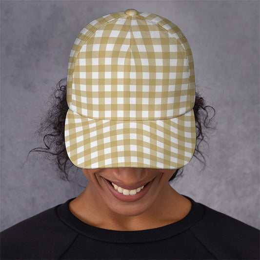 Beige And White Check Pattern Print Baseball Cap