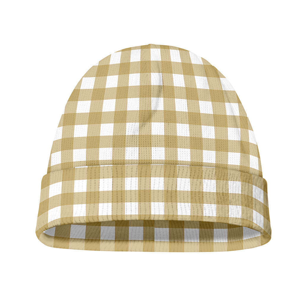 Beige And White Check Pattern Print Beanie