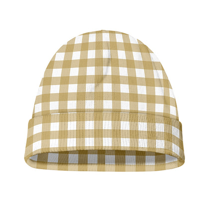 Beige And White Check Pattern Print Beanie