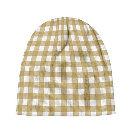 Beige And White Check Pattern Print Beanie